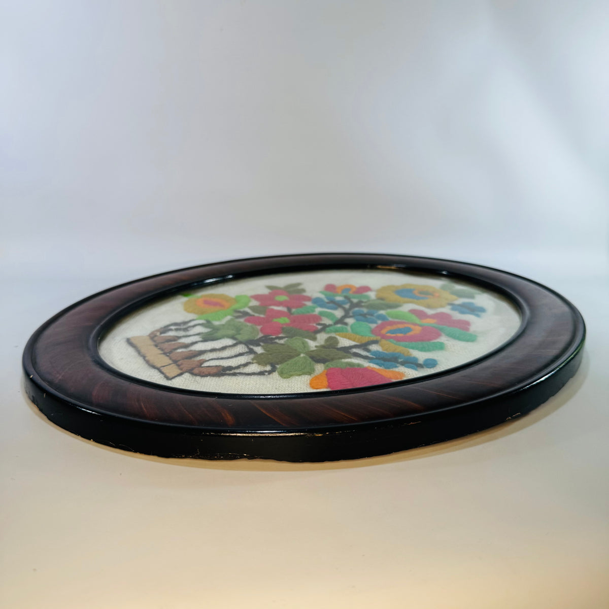 Vintage 1970s Crewel Embroidery Floral Wall Art Oval Frame Pennsylvania Dutch Style Spring Bouquet Needlework