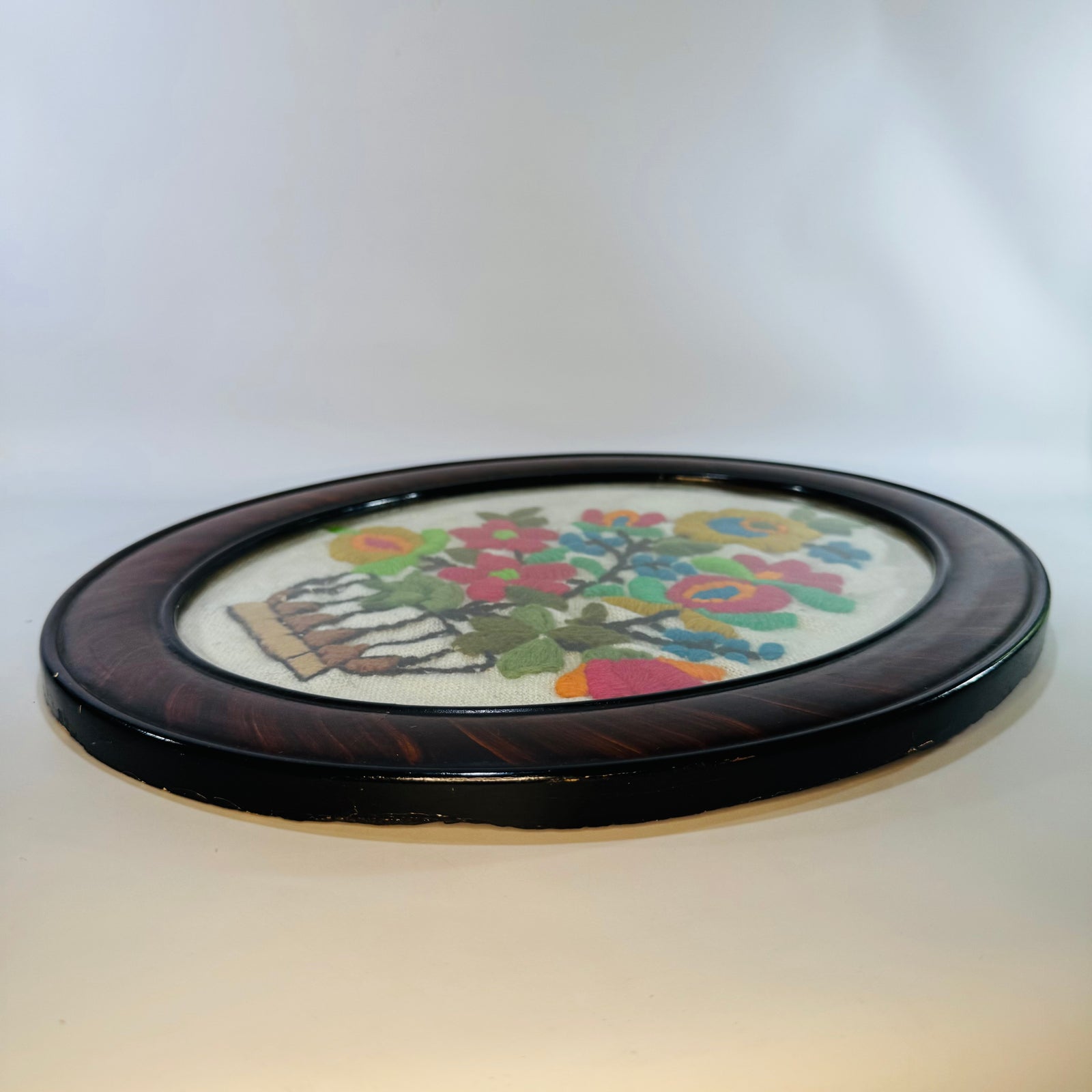 Vintage 1970s Crewel Embroidery Floral Wall Art Oval Frame Pennsylvania Dutch Style Spring Bouquet Needlework