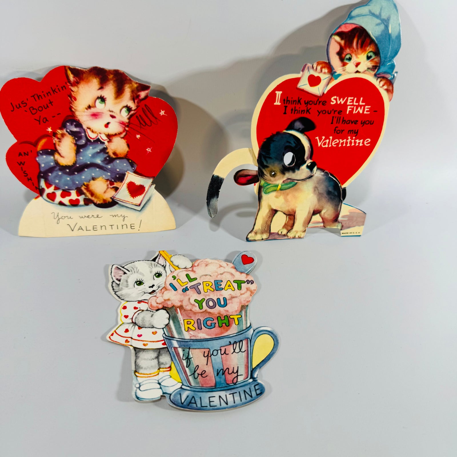 Vintage Valentine Card Lot of 3 Die Cut Stand Up Mechanical Kitten Puppy A-Meri-Card 1940s Paper Ephemera