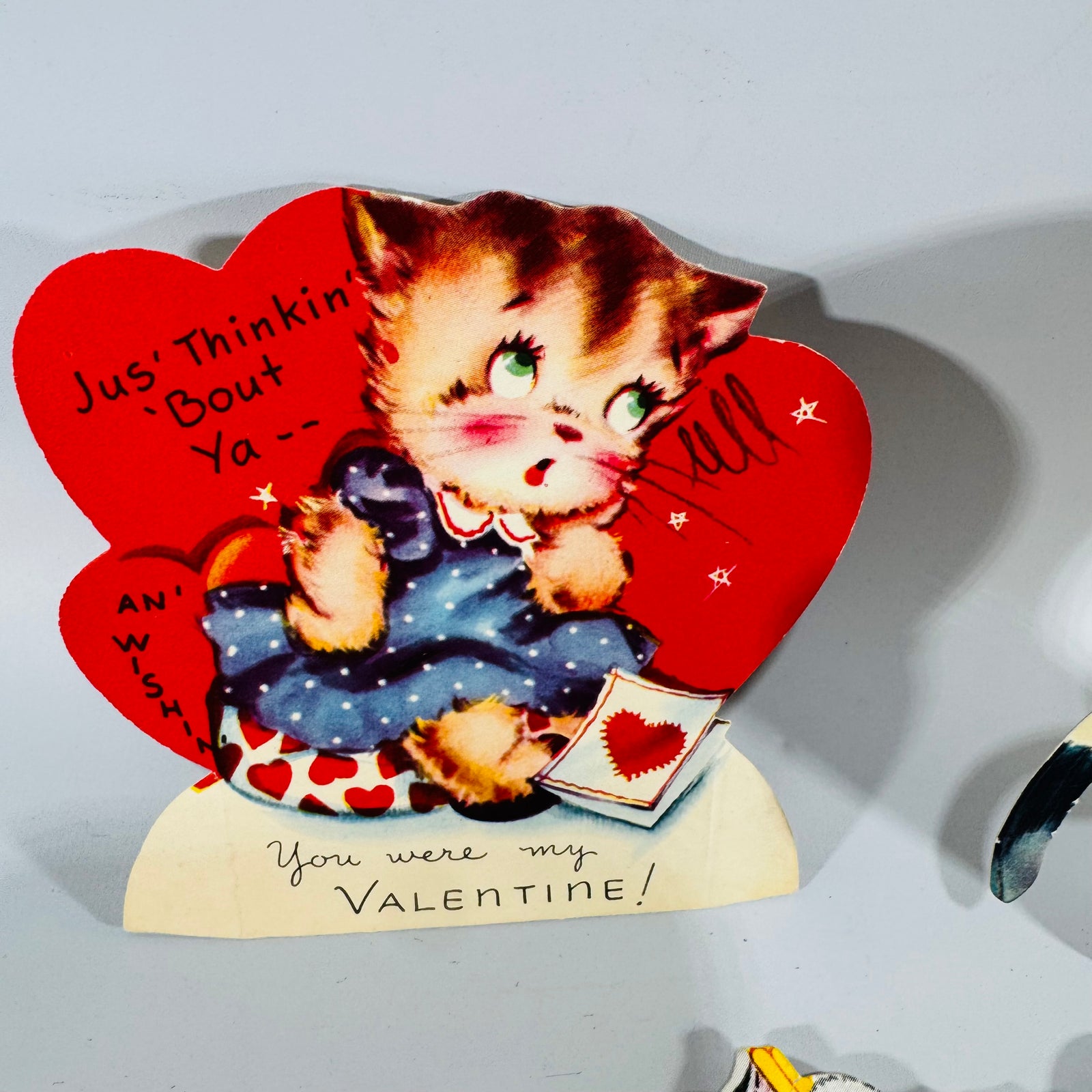 Vintage Valentine Card Lot of 3 Die Cut Stand Up Mechanical Kitten Puppy A-Meri-Card 1940s Paper Ephemera