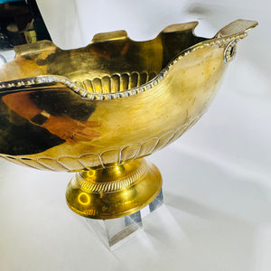 Solid Brass Lion Head Pedestal Bowl, Hollywood Regency Scalloped Centerpiece