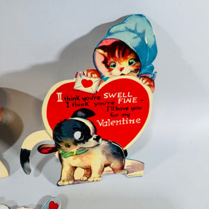 Vintage Valentine Card Lot of 3 Die Cut Stand Up Mechanical Kitten Puppy A-Meri-Card 1940s Paper Ephemera