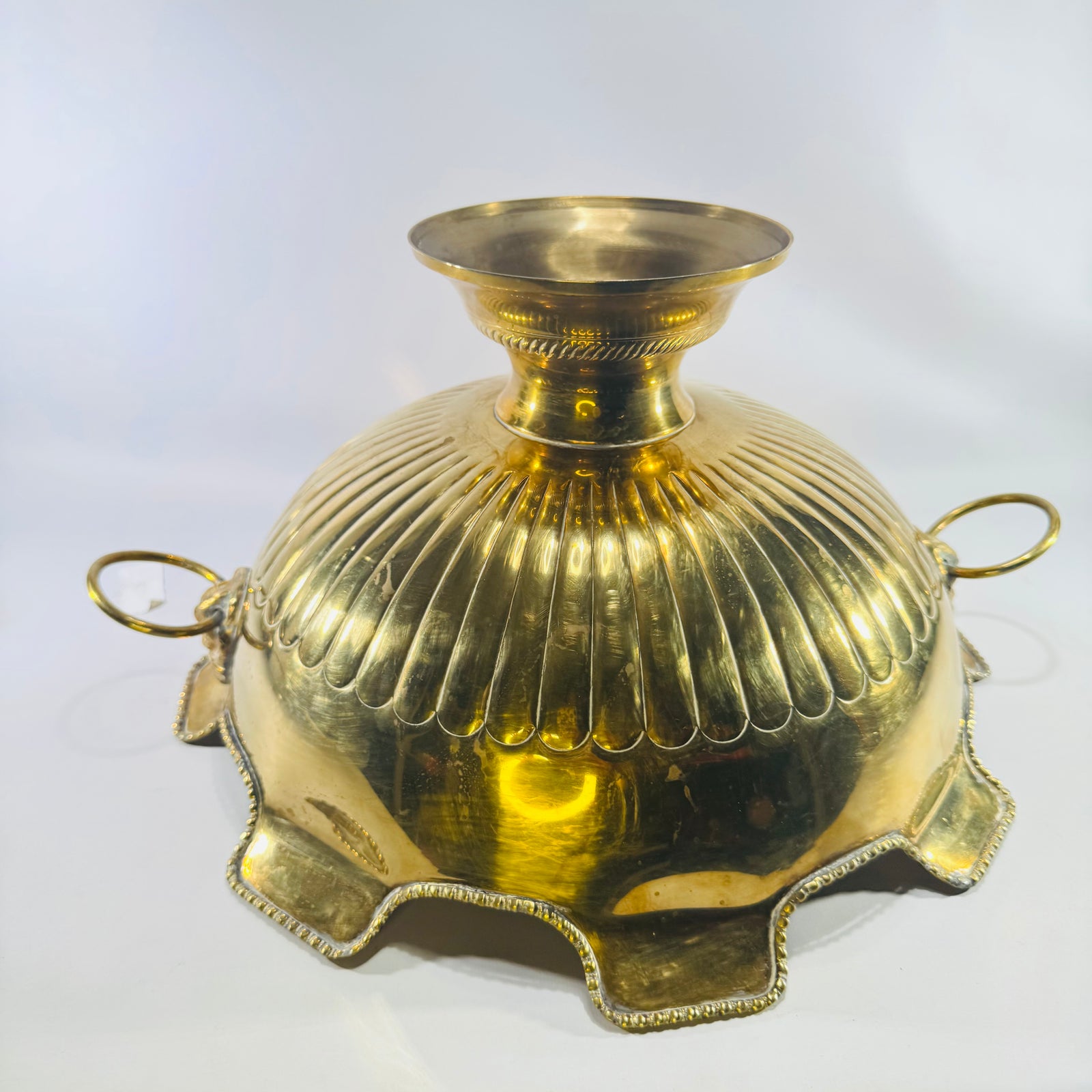 Solid Brass Lion Head Pedestal Bowl, Hollywood Regency Scalloped Centerpiece