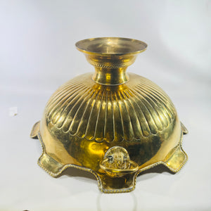 Solid Brass Lion Head Pedestal Bowl, Hollywood Regency Scalloped Centerpiece