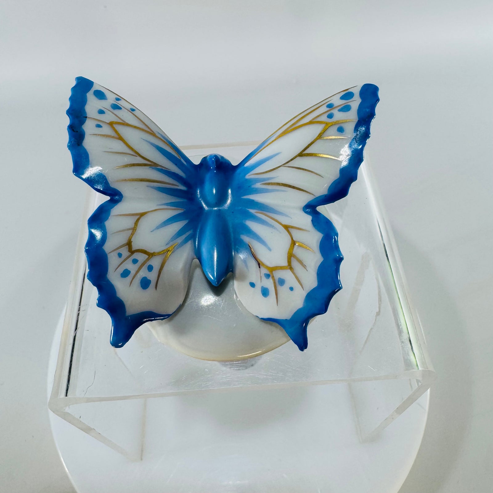 Vintage Riga Porcelain Butterfly Figurine USSR Latvia Blue White Gold Porcelain Model 5487 Soviet Era Decor