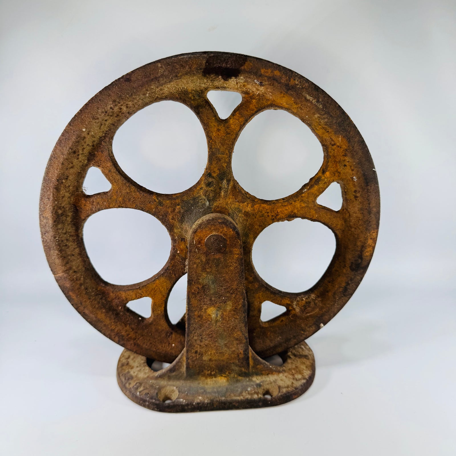 Antique Cast Iron Upright Pulley Sheave Pat Apr 18 1876, Barn or Industrial Hardware, Rustic Steamboat Pulley Decor