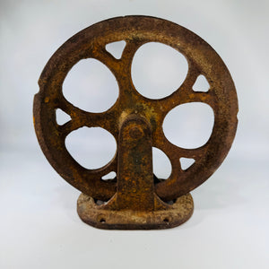 Antique Cast Iron Upright Pulley Sheave Pat Apr 18 1876, Barn or Industrial Hardware, Rustic Steamboat Pulley Decor