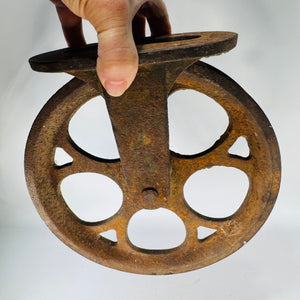 Antique Cast Iron Upright Pulley Sheave Pat Apr 18 1876, Barn or Industrial Hardware, Rustic Steamboat Pulley Decor
