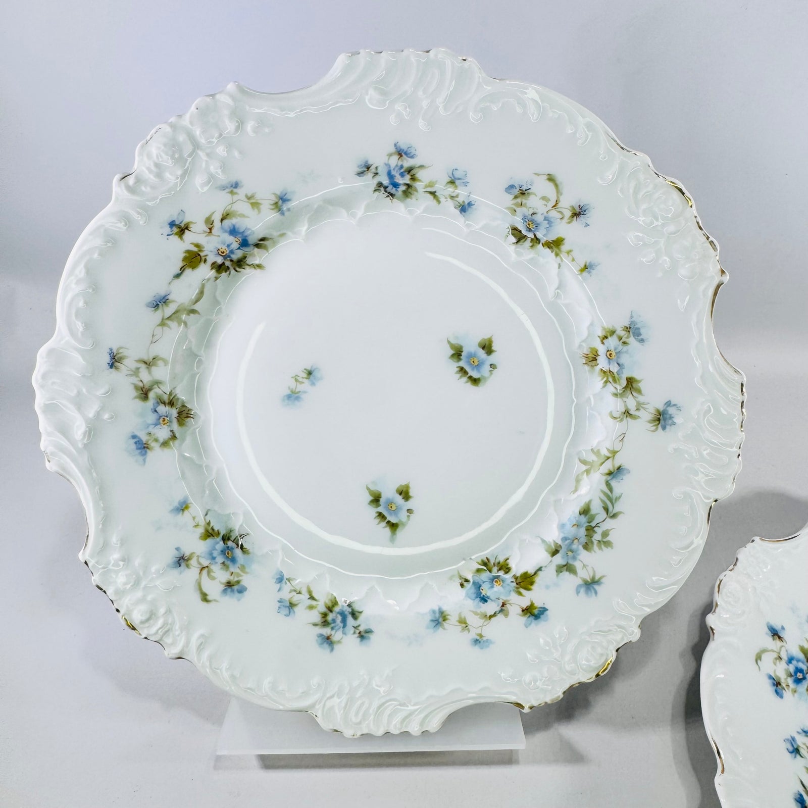 Hermann Ohme Eglantine Plates Set of 2 Blue Floral Gold Trim