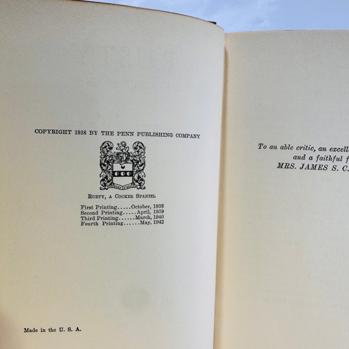 Copyright page listing the Fourth Printing May 1942, Rusty, A Cocker Spaniel