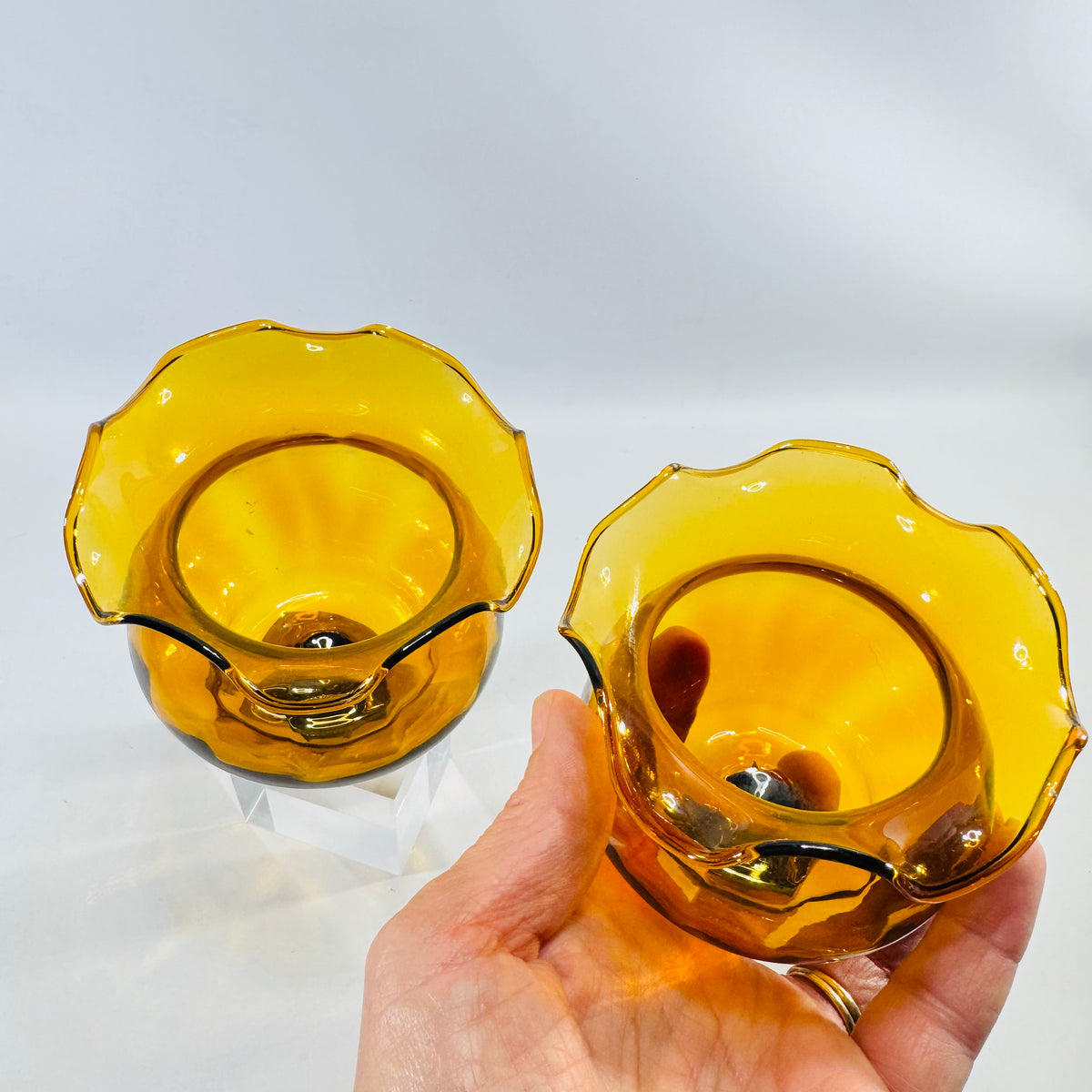Amber Glass Peg Votive Holders Pair Ruffled Rim Made in Mexico