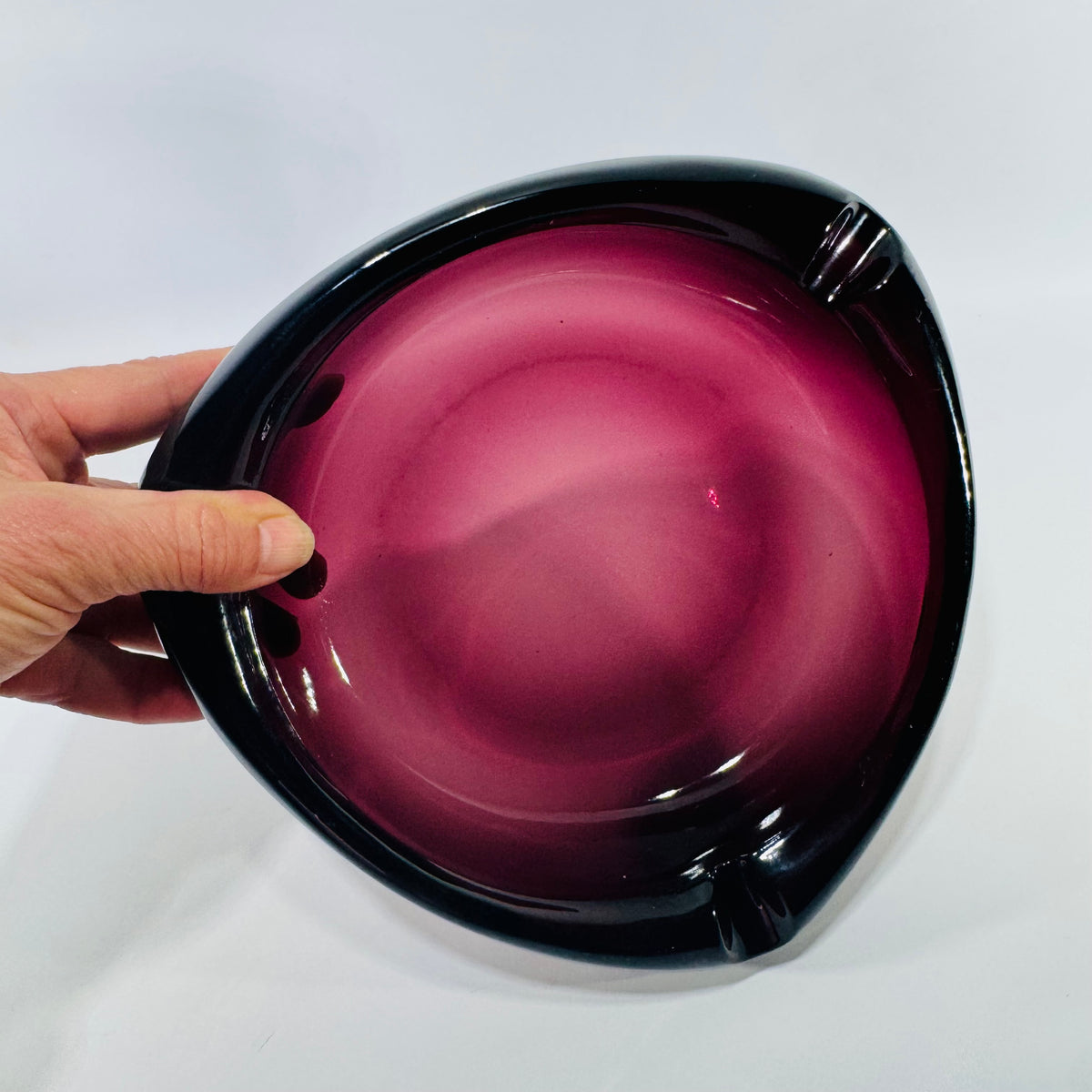 MCM Amethyst Glass Ashtray 8 Inch Heavy Art Glass Bowl Viking Style Purple Black 3 Rest Mid Century Modern