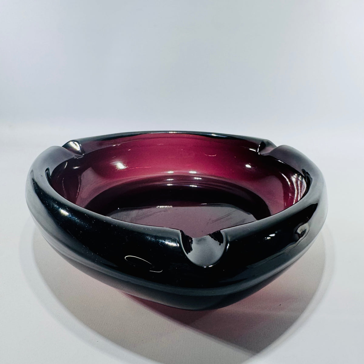 MCM Amethyst Glass Ashtray 8 Inch Heavy Art Glass Bowl Viking Style Purple Black 3 Rest Mid Century Modern