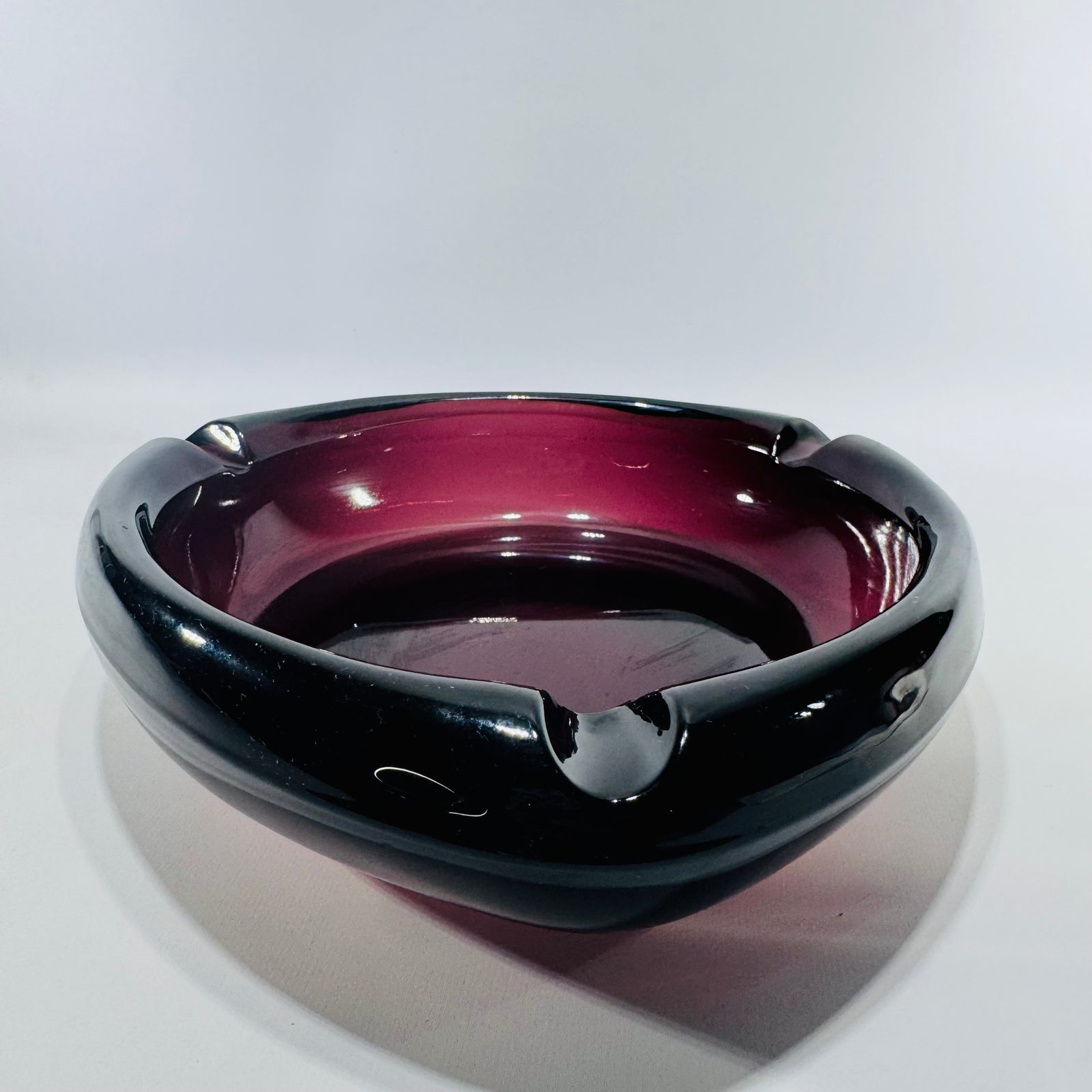 MCM Amethyst Glass Ashtray 8 Inch Heavy Art Glass Bowl Viking Style Purple Black 3 Rest Mid Century Modern