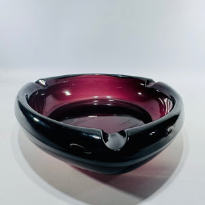 MCM Amethyst Glass Ashtray 8 Inch Heavy Art Glass Bowl Viking Style Purple Black 3 Rest Mid Century Modern