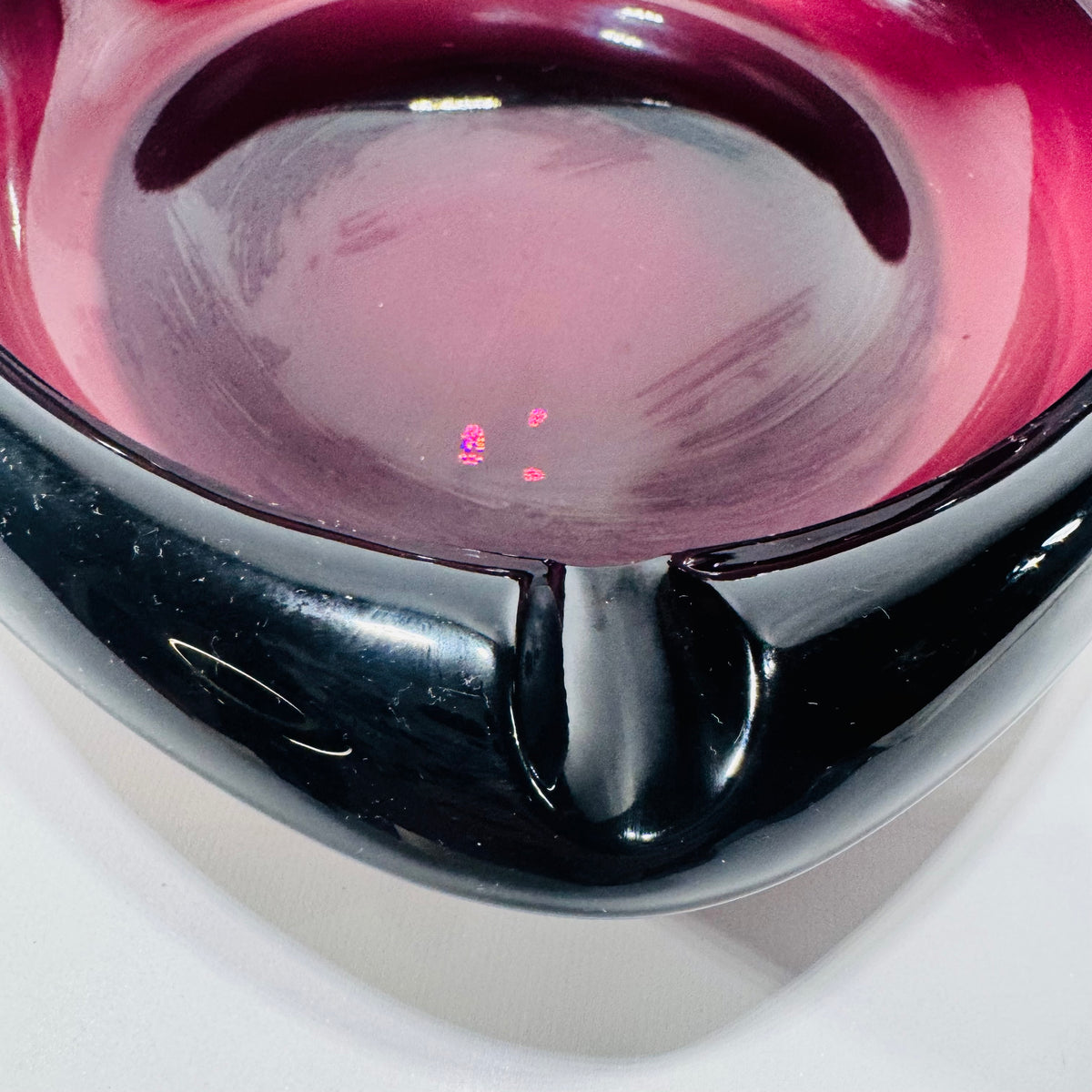 MCM Amethyst Glass Ashtray 8 Inch Heavy Art Glass Bowl Viking Style Purple Black 3 Rest Mid Century Modern