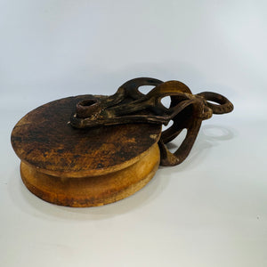 Antique Ney Hay Carrier Pulley Open Throat Cast Iron Wood Farm Barn Pulley Industrial Steampunk Salvage Decor