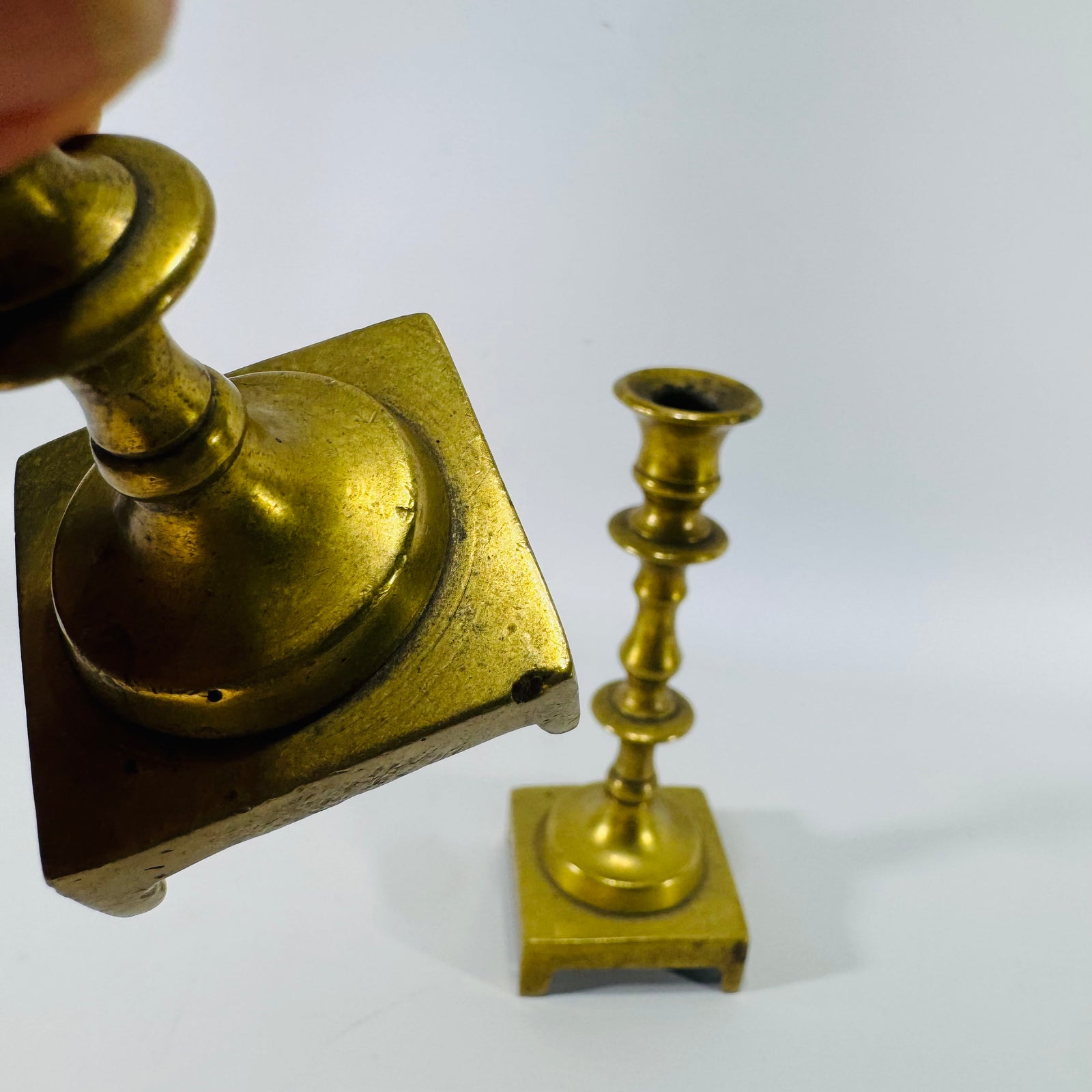 Vintage Miniature Brass Candlestick Holders Pair, 4 Inch Georgian Style Square Base Candle Holders, English Style Brass Decor