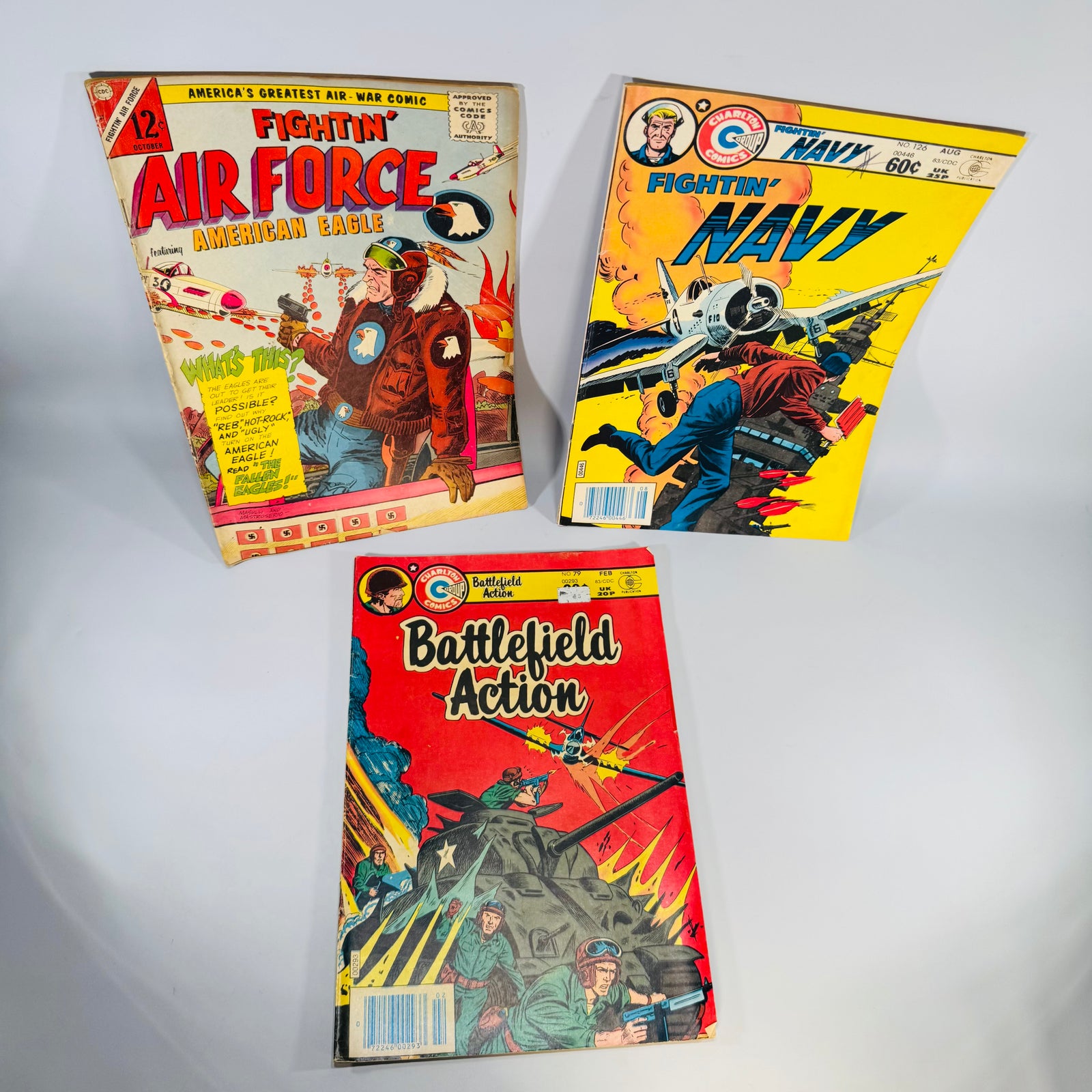 Vintage War Comics Lot — Fightin' Air Force #51, Fightin' Navy #126, Battlefield Action #79 (1965–1983) — Charlton Comics | Military Adventure, War Comics