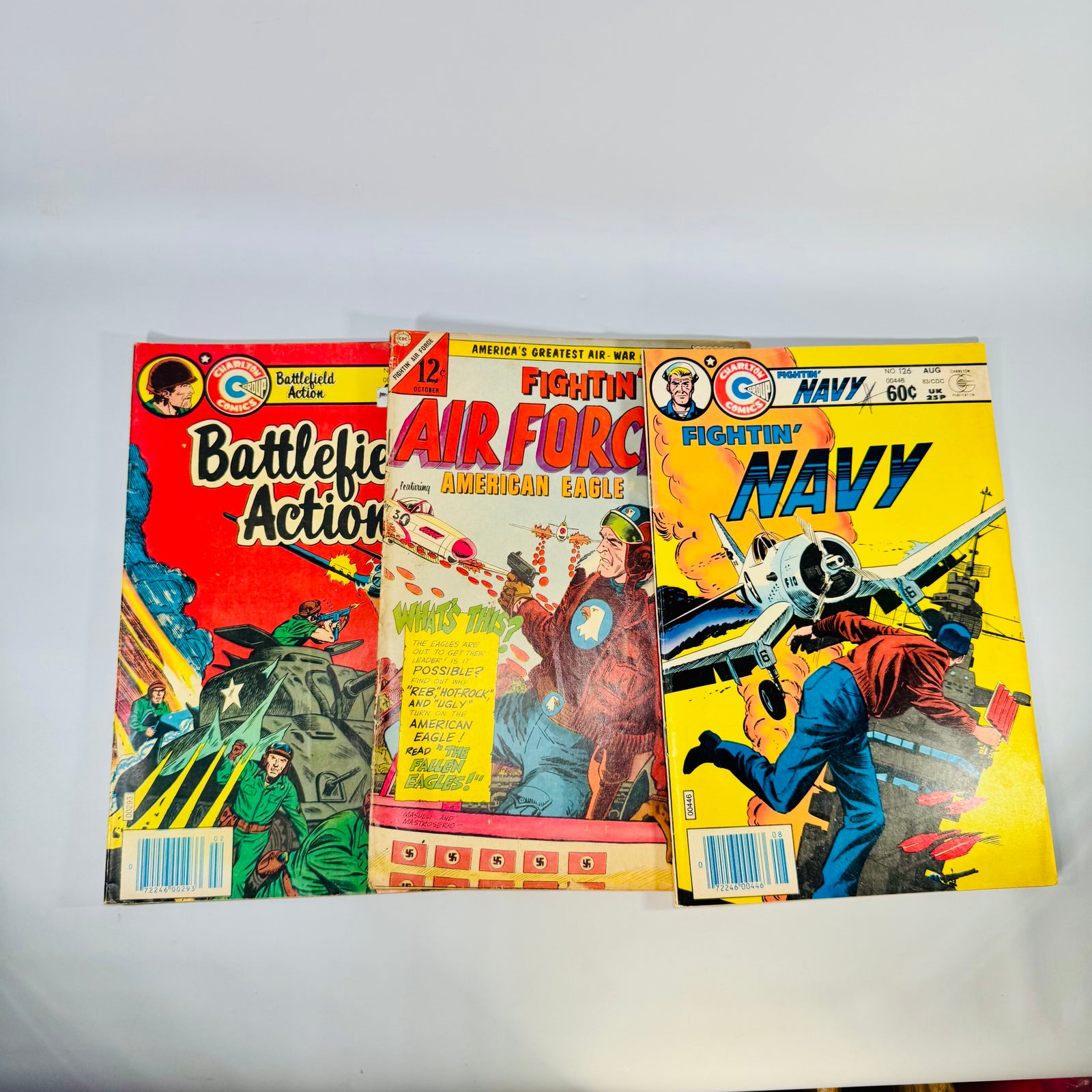 Vintage War Comics Lot — Fightin' Air Force #51, Fightin' Navy #126, Battlefield Action #79 (1965–1983) — Charlton Comics | Military Adventure, War Comics