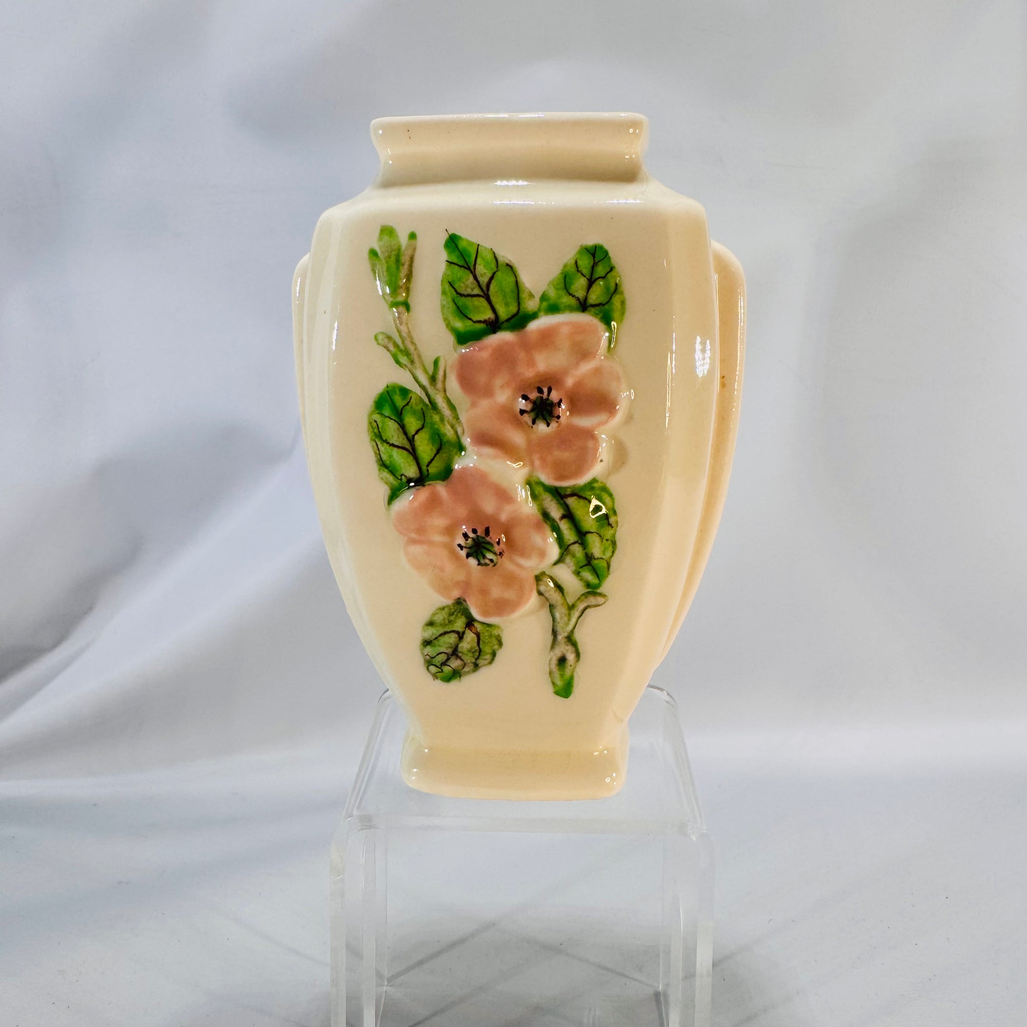 Hull Pottery Rosella R-1-5 Bud Vase — 6" Ivory with Peach Blossom Relief