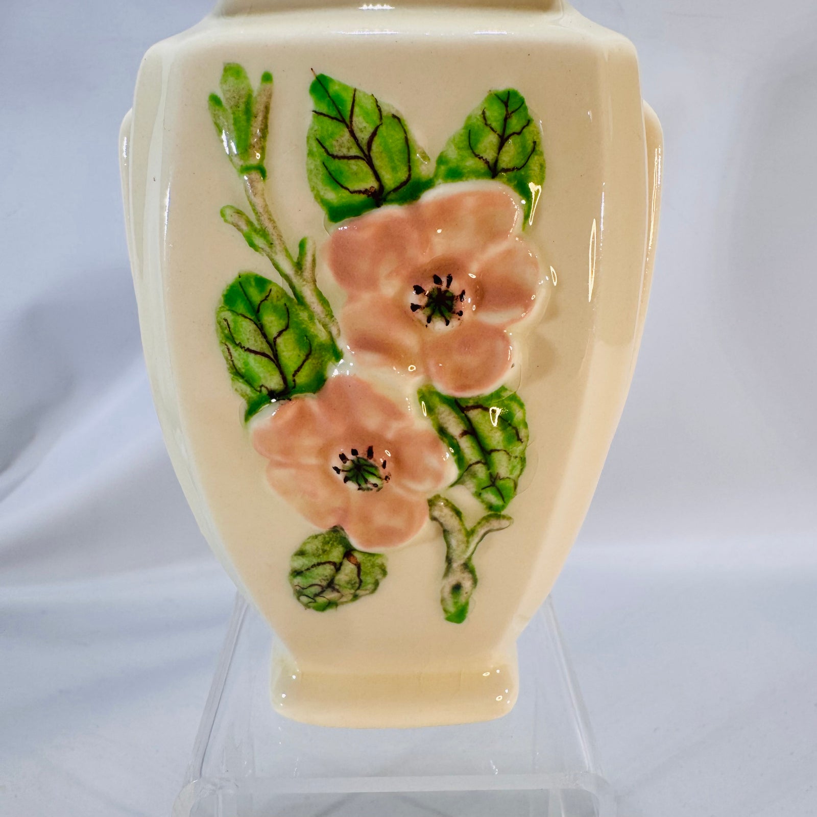 Hull Pottery Rosella R-1-5 Bud Vase — 6" Ivory with Peach Blossom Relief