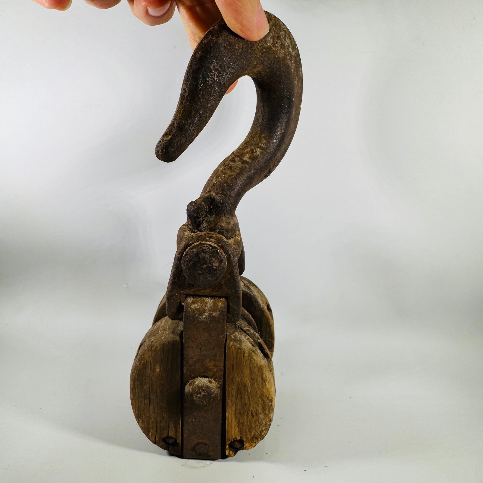 Antique Wood Pulley with Iron Hook | Rustic Barn Block Tackle Decor