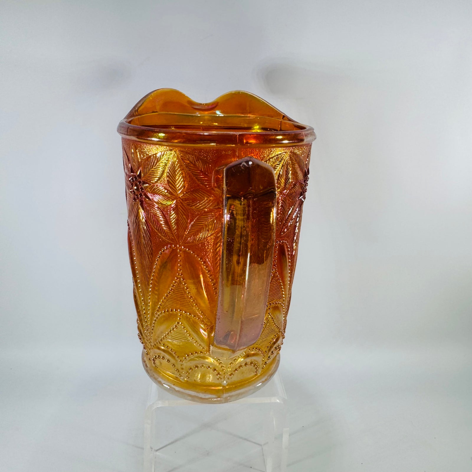 Imperial Marigold Carnival Glass Milk Pitcher, Antique Poinsettia Pattern