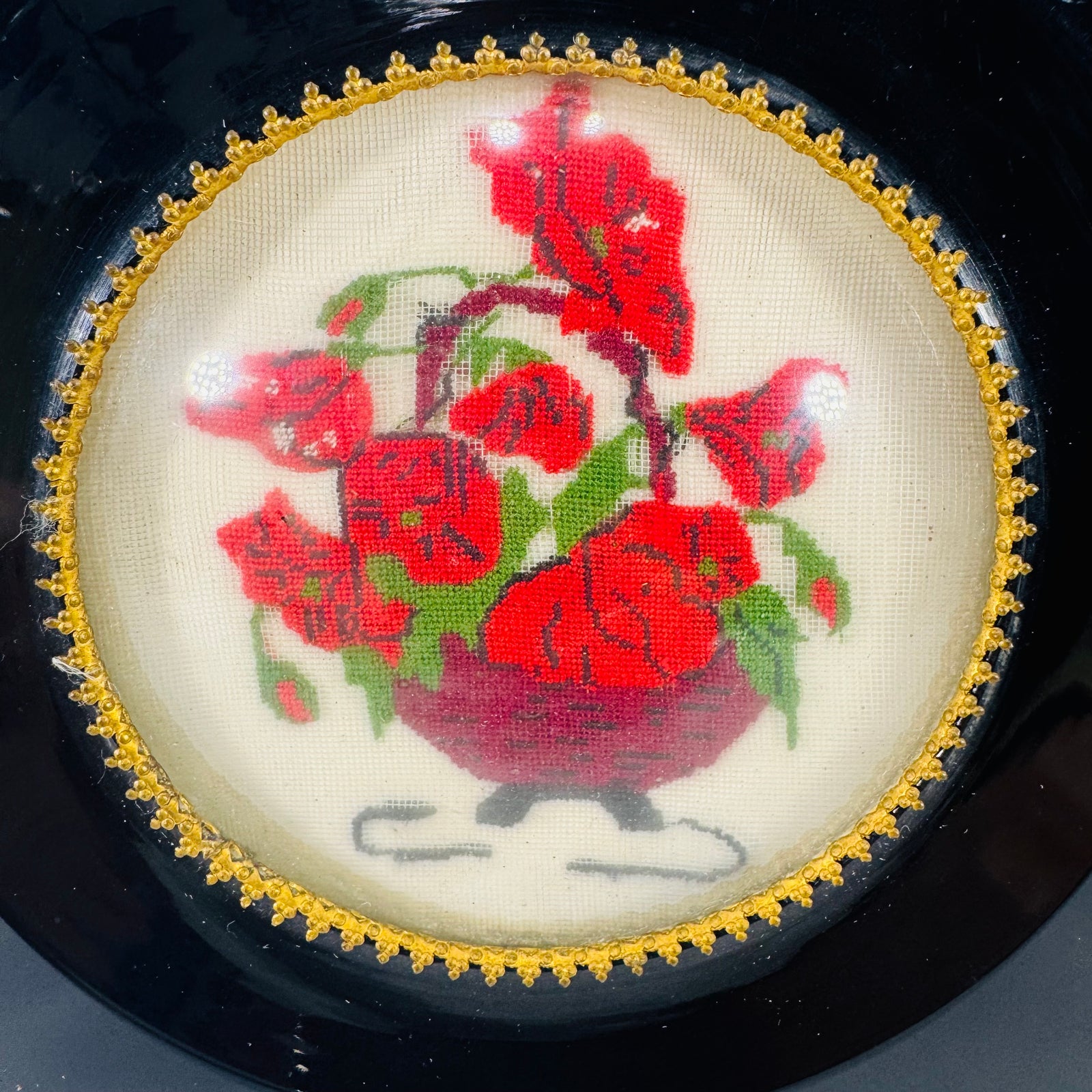 Vintage Framed Needlepoint Wall Art, Floral Cross Stitch Picture in Black Lacquer Frame