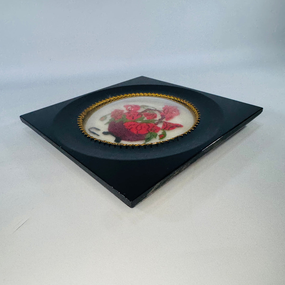 Vintage Framed Needlepoint Wall Art, Floral Cross Stitch Picture in Black Lacquer Frame