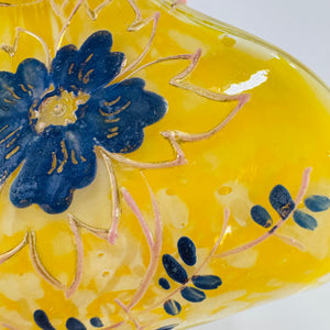Antique Bohemian Glass Vase, Yellow Spatter Glass, Hand Painted Enamel Floral Vase, Franz Welz Attributed