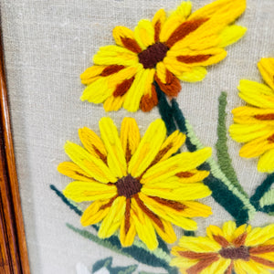 Vintage 1970s Crewel Embroidery Floral Wall Art in Wood Frame