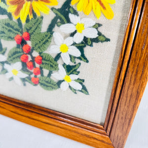 Vintage 1970s Crewel Embroidery Floral Wall Art in Wood Frame