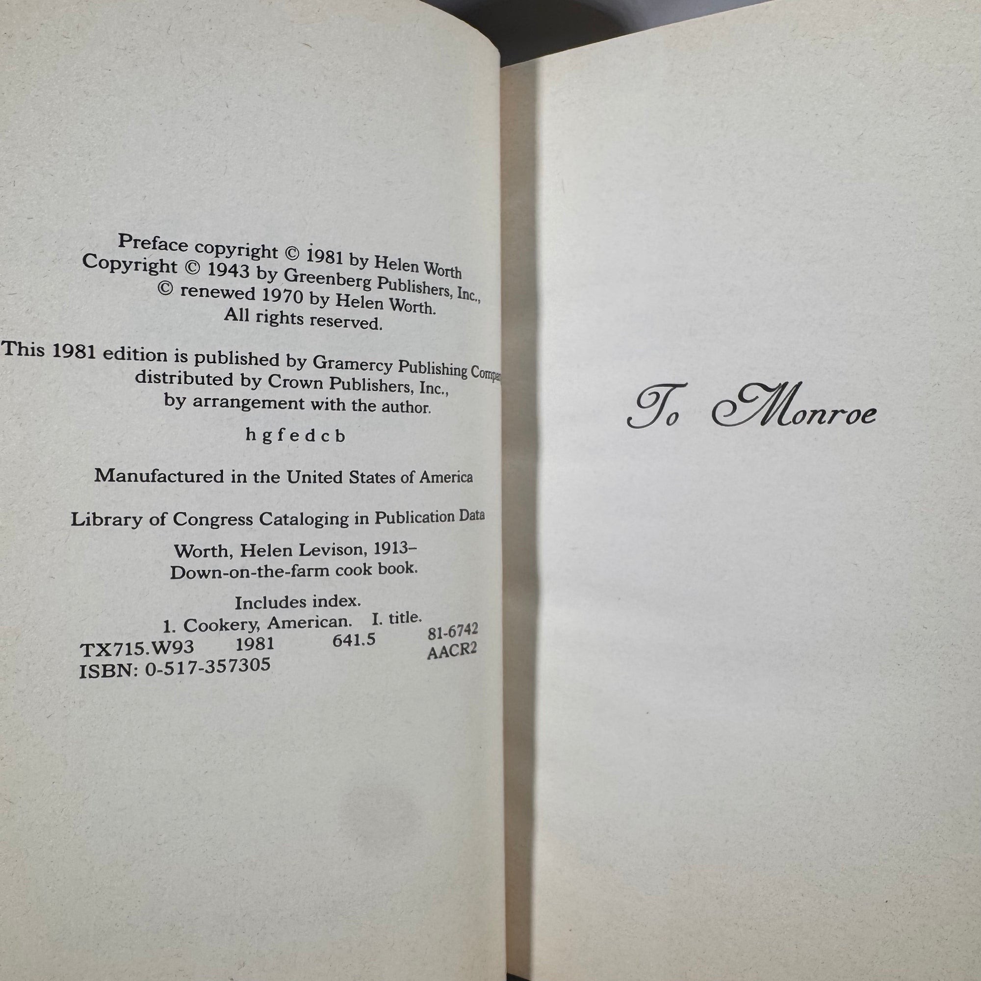 Vintage Country & Regional Cookbook — Down-on-the-Farm Cook Book (1981 Edition; orig. 1943) — Helen Worth | Hardcover w/ Jacket, Country Cooking