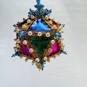 1960s Handmade Push Pin Beaded Christmas Ornament Multicolor