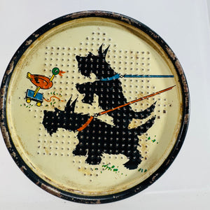 Vintage Scottie Dog Metal Coasters, Set of 2, Mid Century Tin Litho Terrier Drink Coasters