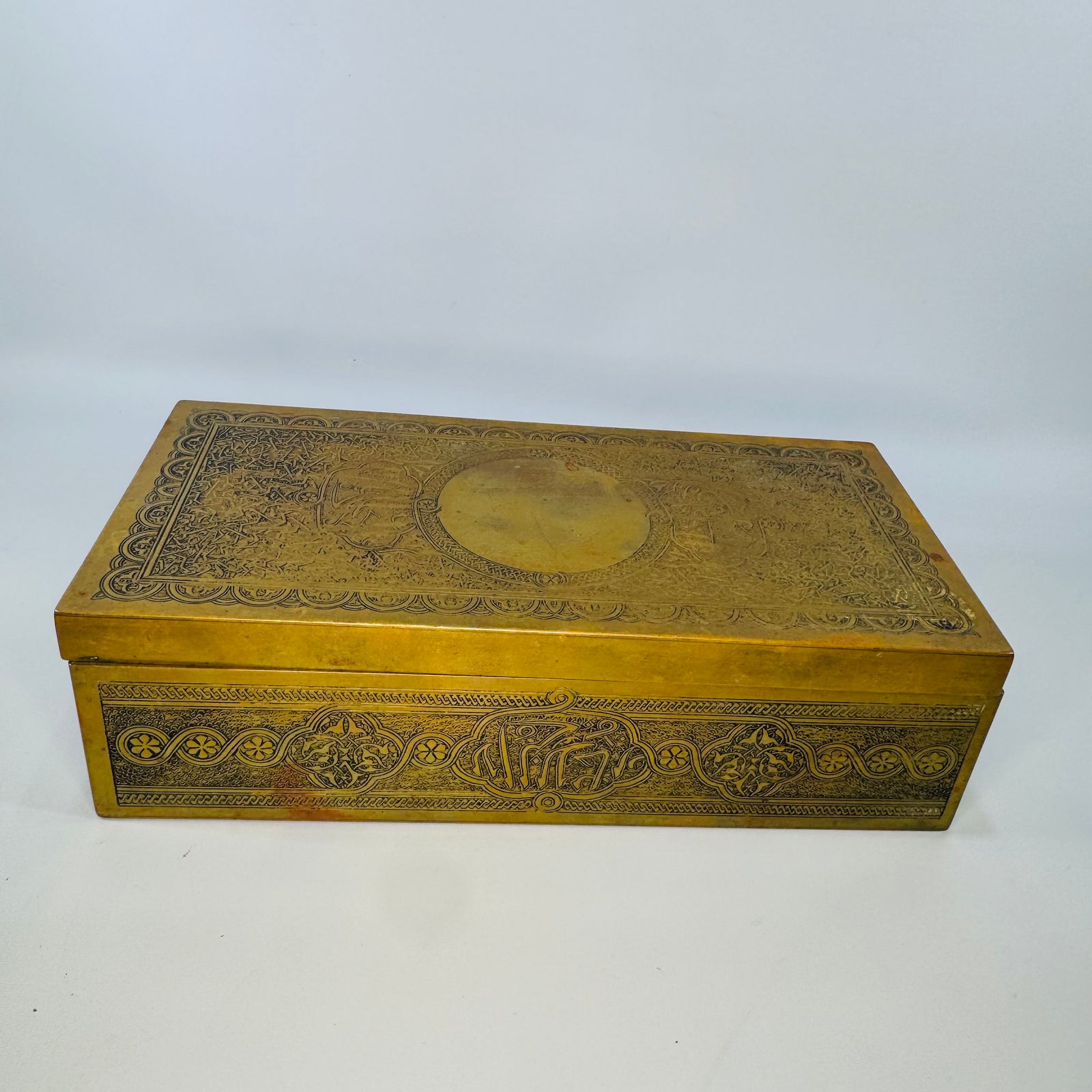 Edwardian Mauser Co. Fifth Ave Brass Desk Box, Antique Engraved Brass Box, New York Islamic Revival Trinket Box