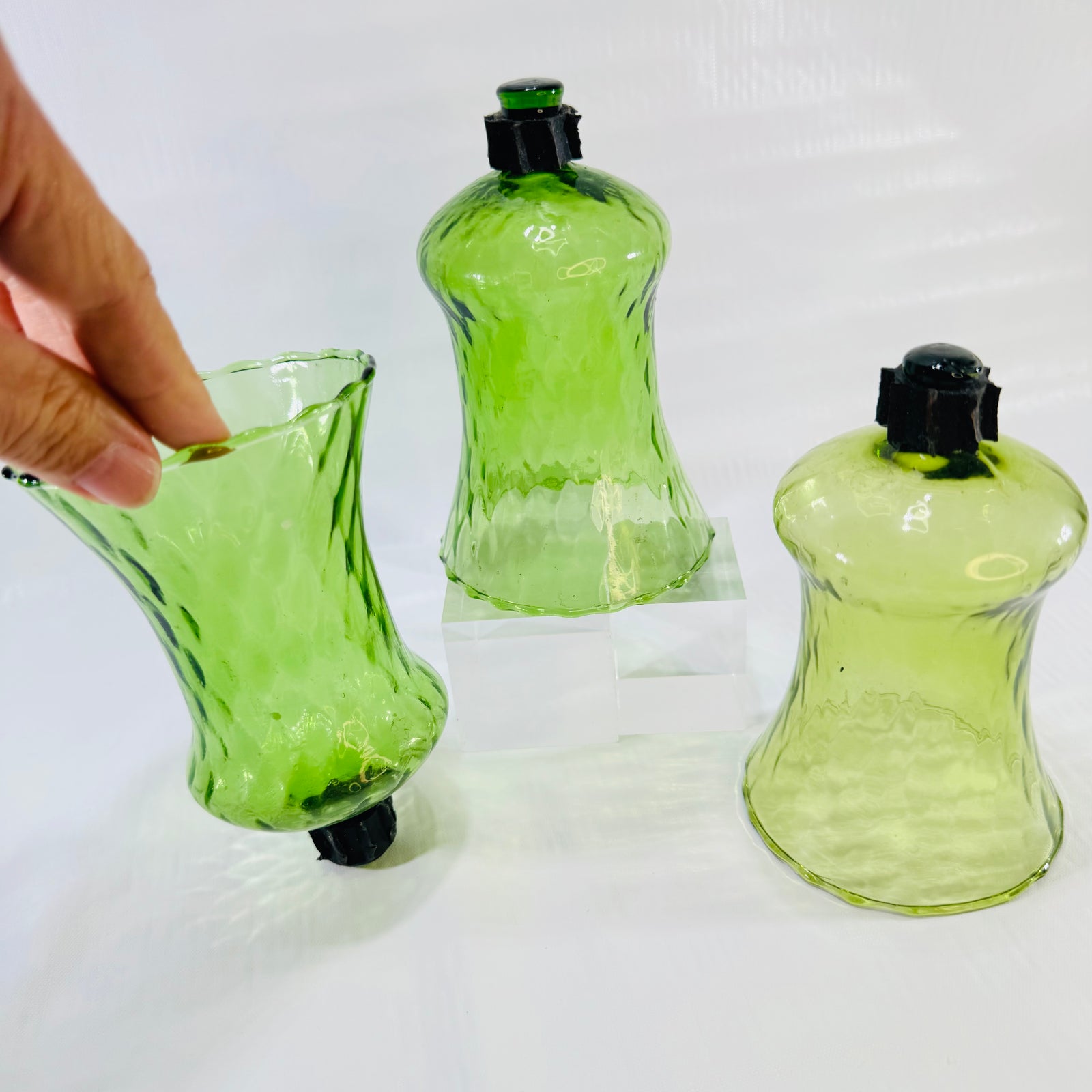 Homco Avocado Green Glass Peg Votive Holders Set of 3