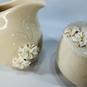 Dorothy Okumoto Creamer and Sugar Set Hawaiian Porcelain Plumeria Flowers