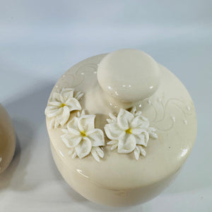 Dorothy Okumoto Creamer and Sugar Set Hawaiian Porcelain Plumeria Flowers