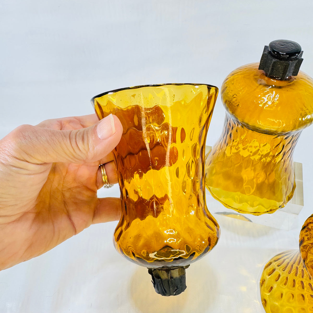 HOMCO Amber Glass Peg Votive Candle Holders Set of 3 1970s