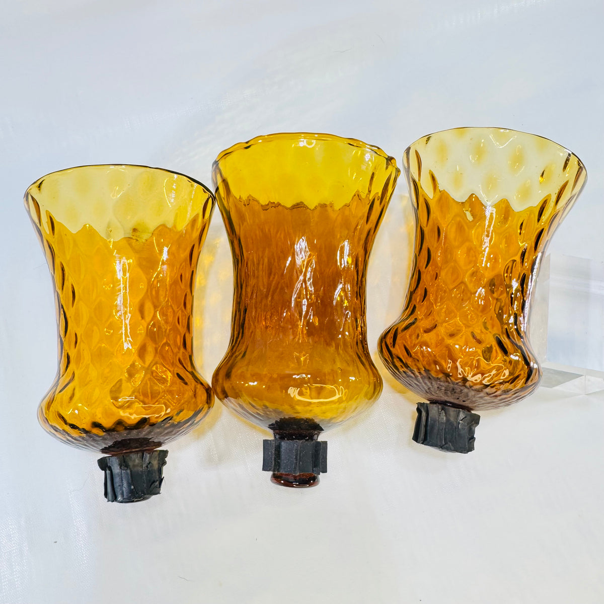 HOMCO Amber Glass Peg Votive Candle Holders Set of 3 1970s
