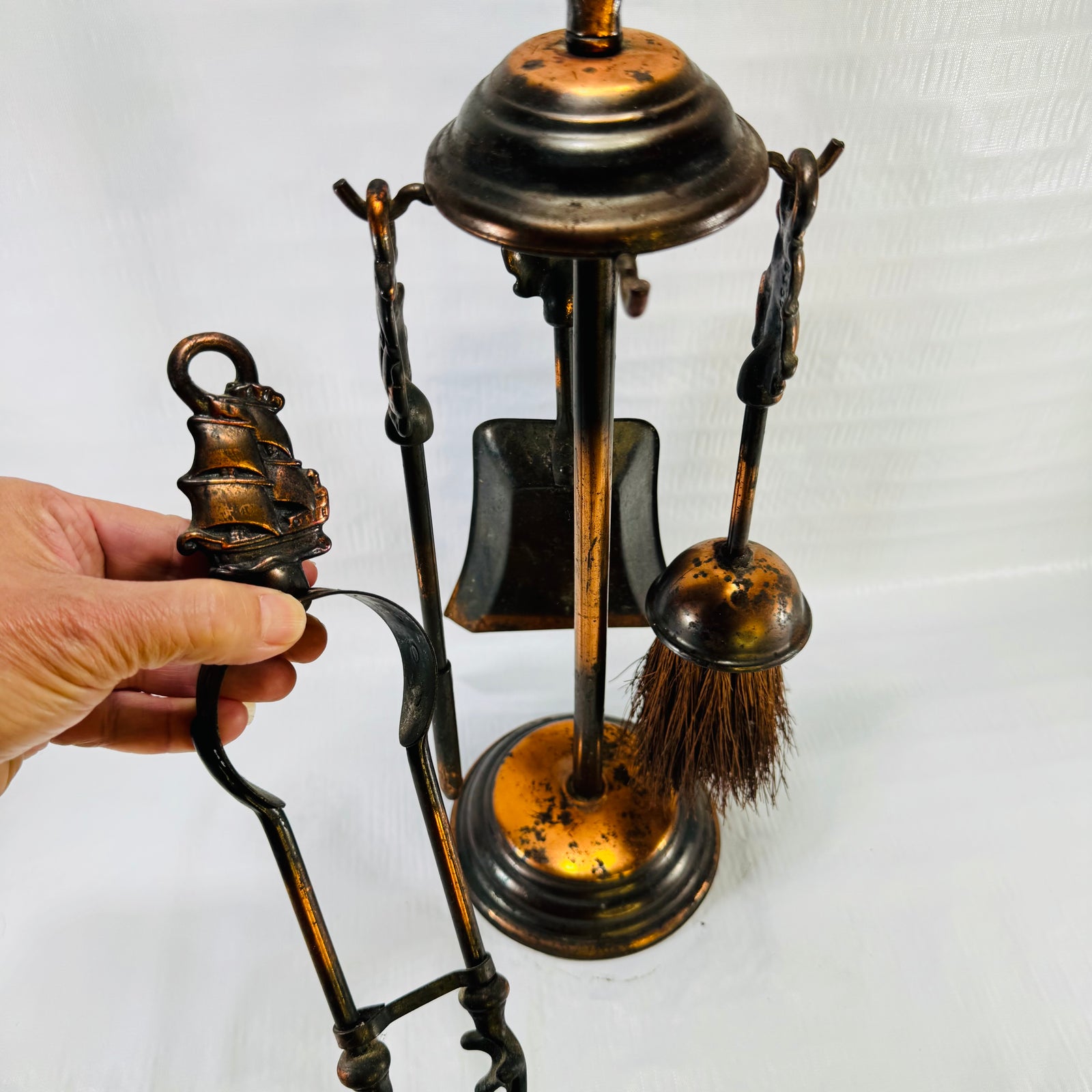 Nautical Galleon Tabletop Fireplace Tool Set 1930s