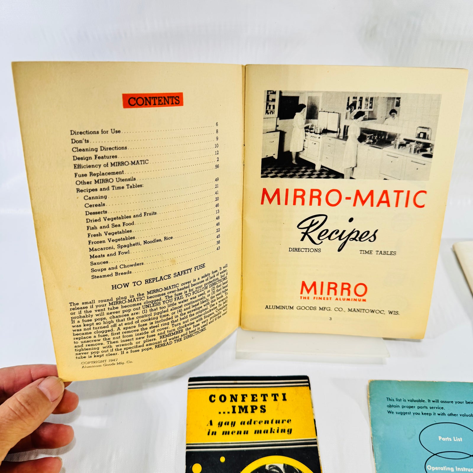 MIRRO-MATIC Pressure Pan Recipes 1947 Pamphlet Bundle, IONA Blender, Husky Ice Cream, Confetti Imps