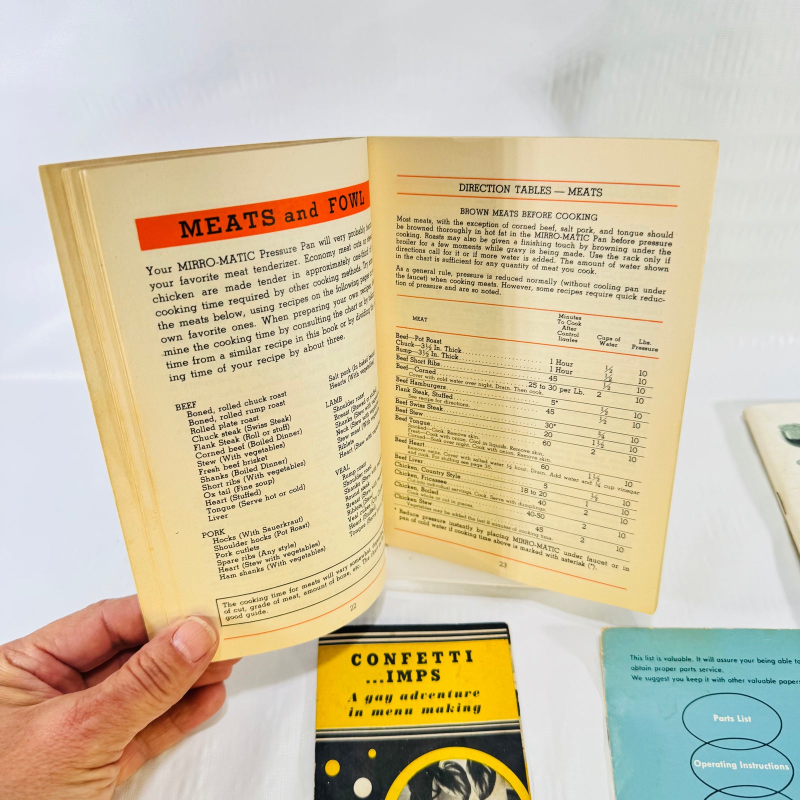 MIRRO-MATIC Pressure Pan Recipes 1947 Pamphlet Bundle, IONA Blender, Husky Ice Cream, Confetti Imps