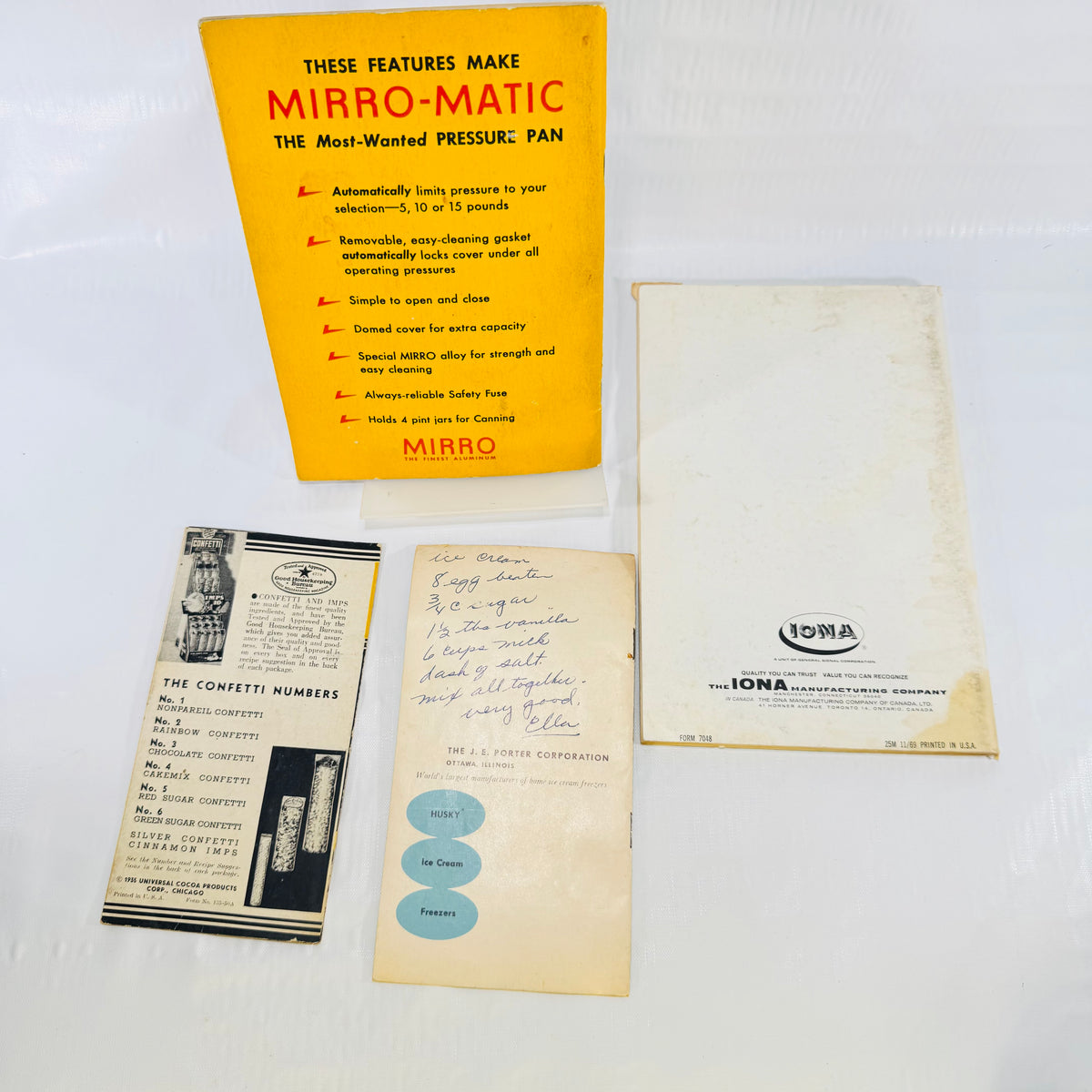 MIRRO-MATIC Pressure Pan Recipes 1947 Pamphlet Bundle, IONA Blender, Husky Ice Cream, Confetti Imps