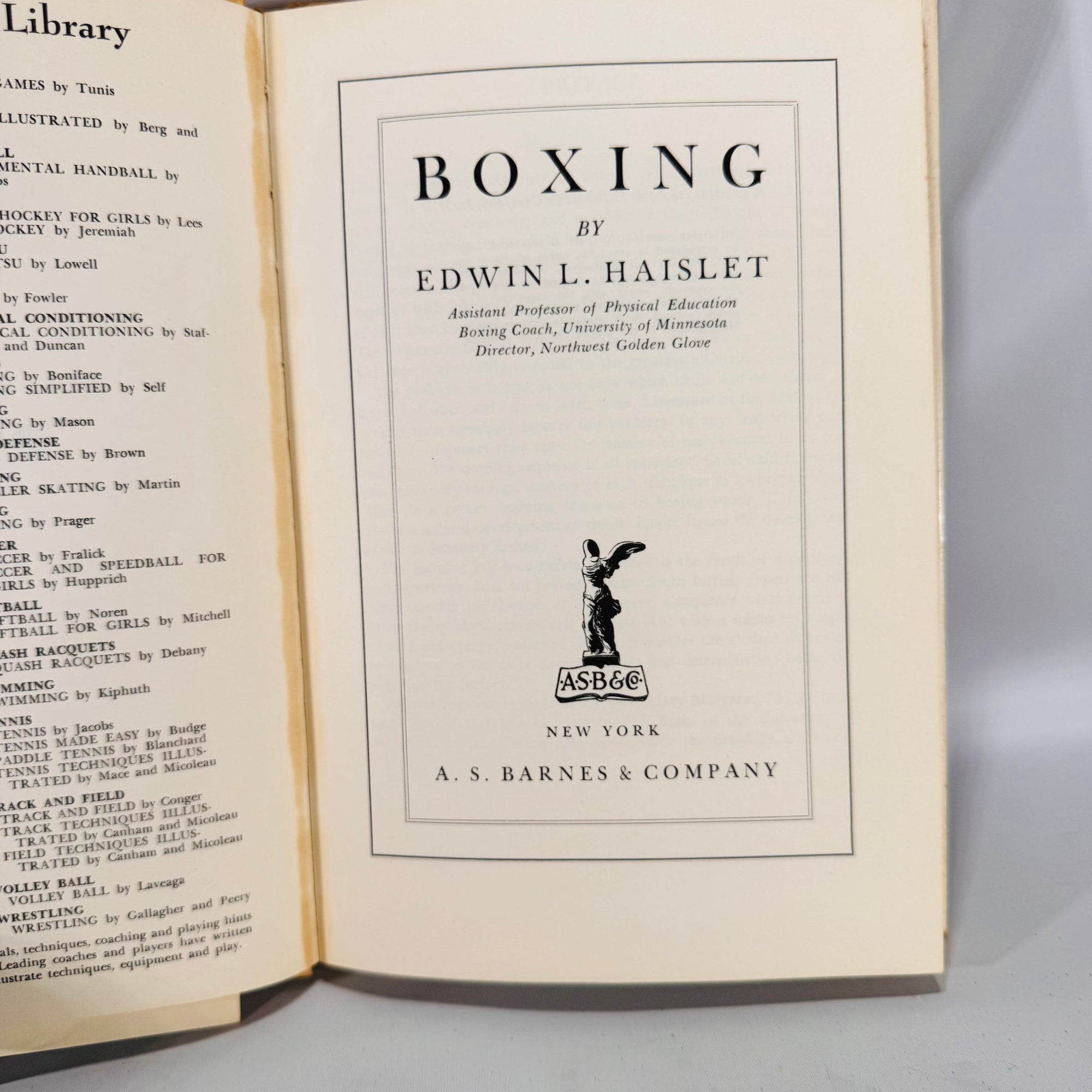 Boxing (Barnes Sports Library, 1940 copyright) — Edwin L. Haislet | Dust Jacket, Coach-Inscribed, Sports Instruction