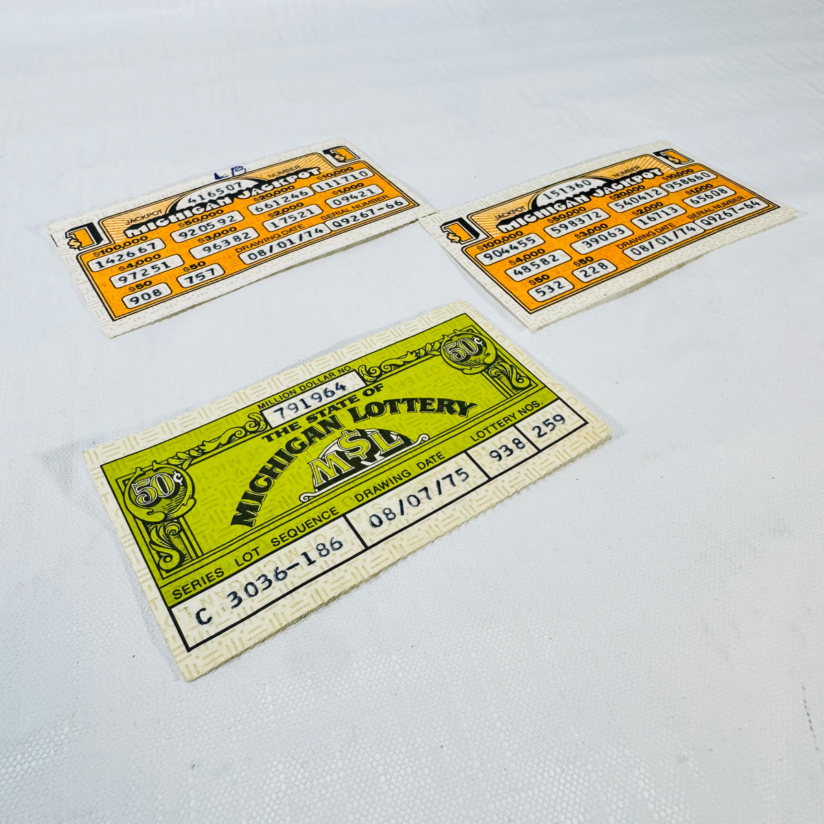 Michigan Lottery Tickets 1974 1975 Lot of 3 Jackpot MSL