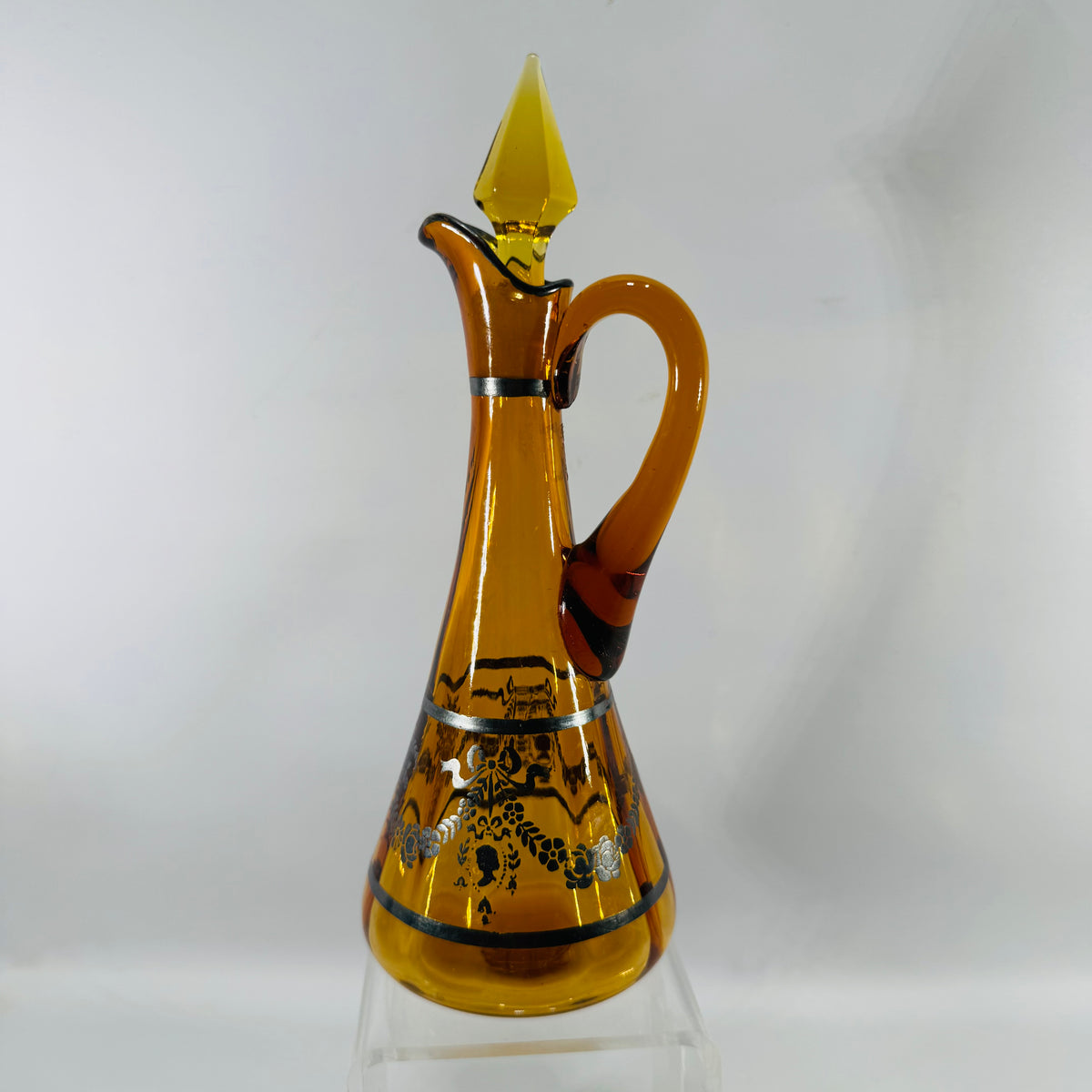 Vintage Amber Glass Decanter with Stopper Silver Overlay Mid Century Barware