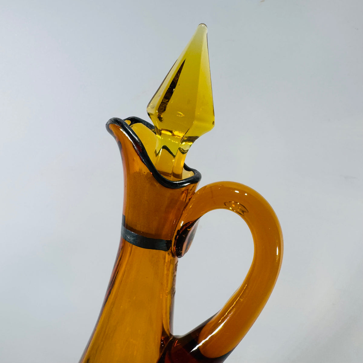 Vintage Amber Glass Decanter with Stopper Silver Overlay Mid Century Barware